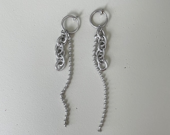 Bubbly Chains Dangle Clip-On Earrings - Hypoallergenic Stainless Steel Jewelry