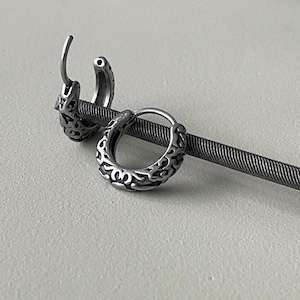 Historical Crescent Hoop Earrings for men - Titanium Intricate Mjolnir Pattern Earrings