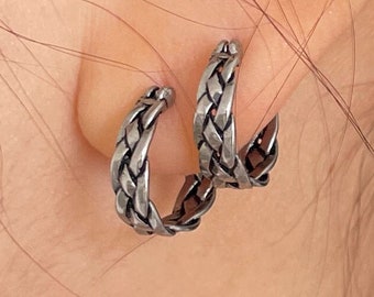 Oxidized Titanium Braid Hoop Earrings: Unisex Rustic Hoops