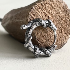 Intricate Goth Snake Coiled around Branch Hoops - Edgy Titanium Statement Jewelry