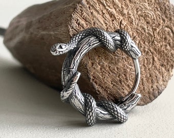 Intricate Goth Snake Coiled around Branch Hoops - Edgy Titanium Statement Jewelry