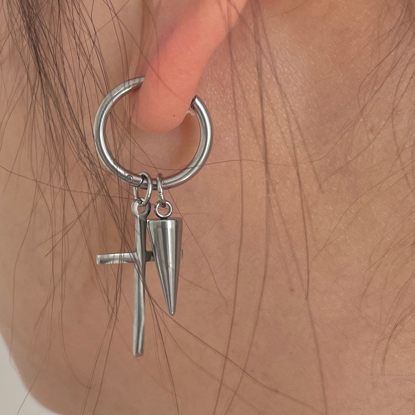 Gothic Punk Dangle - Cross Drop Earrings - Spike Charm Hoop