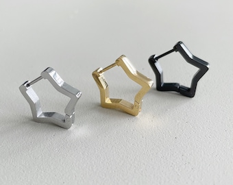 Star Hoop Earrings, Stainless Steel Hoops Men Women, Gold Silver Black Hypoallergenic Jewelry, Minimalist Celestial Earrings, Unisex Gift.
