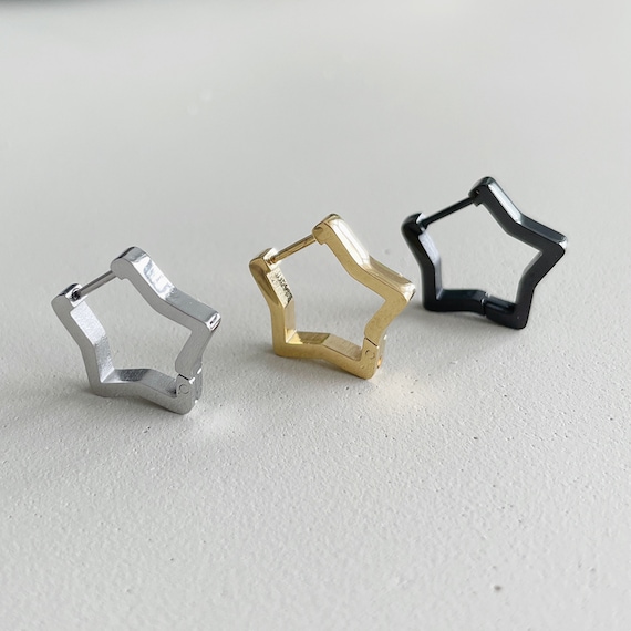 Star Shaped Huggie Hoop Earrings - 316L Stainless Steel Outline Design, Sold As Pair