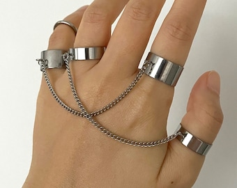 Edgy Stainless Steel Rings Set with Chain - Punk Rock Jewelry