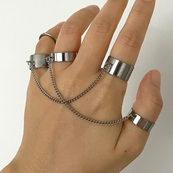 Edgy Stainless Steel Rings Set with Chain - Punk Rock Jewelry
