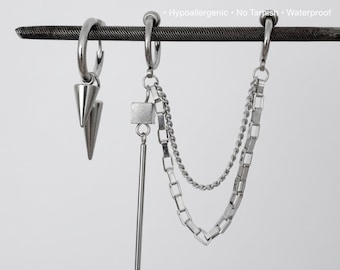 Punk Rock Ohrclip mit Ketten und Spikes, Edgy Gothic Edelstahl Schmuck, Grunge Alt für Unpiercing Ohren, Unisex Schmuck