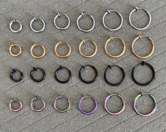 Unisex Everyday Clip On Earrings  - Versatile Hypoallergenic Clip On Hoops in Black, Silver, Rainbow & Gold Tone