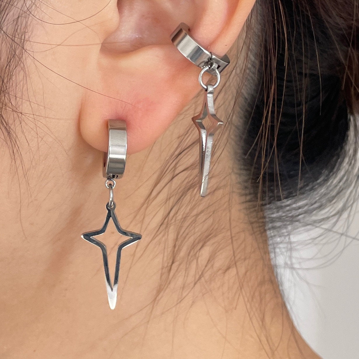 Star Hoop Earrings - Hypoallergenic Punk Hoops Dangle Star Earrings