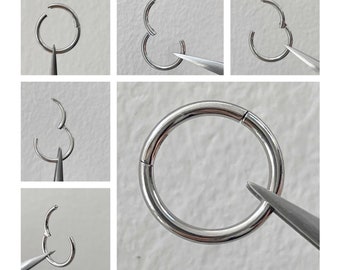 Surgical Steel Septum Nose Ring - Silver Clicker Hoop Earrings - Hinged Conch Jewelry