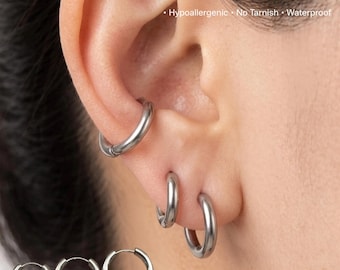 2.5mm Stainless Steel Sleeper Hoop Earrings for Men and Women, Minimalist Plain Silver Hoops 8mm-20mm Thick Unisex Huggie Earrings