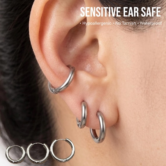 2.5mm Stainless Steel Sleeper Hoop Earrings for Men and Women, Minimalist Plain Silver Hoops 8mm-20mm Thick Unisex Huggie Earrings