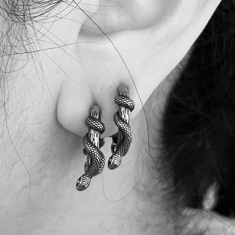 May include: Silver-coloured hoop earrings. Each earring has a detailed snake design coiled around a vertical bar. The snake's head is visible at the bottom, with clearly defined scales.
