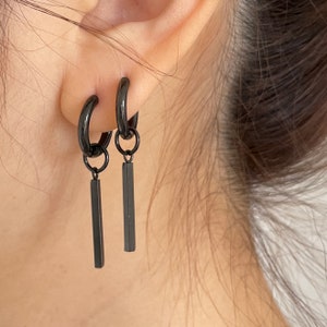 Black Bar Drop Earrings - Geometric Long Bar Hoops - Everyday Stainless Steel Jewelry Gift for Him or Her - Punk Jewelry