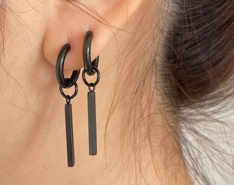 Black Bar Drop Earrings - Geometric Long Bar Hoops - Everyday Stainless Steel Jewelry Gift for Him or Her - Punk Jewelry