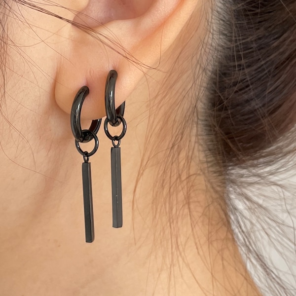 Sleek Black Long Bar Dangle Hoop Earrings - Hypoallergenic Stainless Steel Earrings