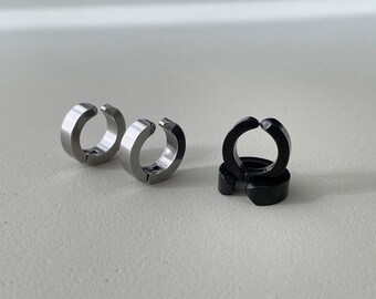 Stainless Steel Clip On Hoop Earrings: Black Silver Non-Pierced