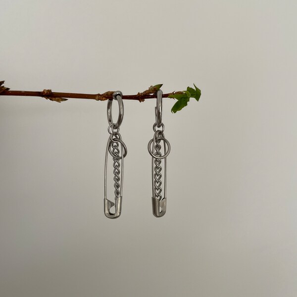 Stylish Stainless Steel Safety Pin Dangle Clip-On Earrings