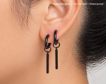 Black Bar Drop Earrings - Stainless Steel Geometric Hoops - Gothic Jewelry - Unisex Punk Dangles