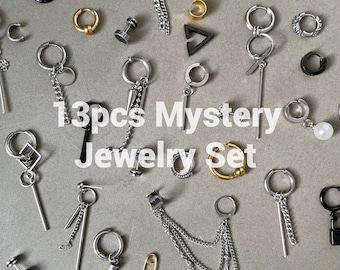13pcs Y2K Earring Set | Stainless Steel Streetwear Jewelry | Curated Ear Stack | Clip On Earrings