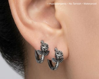 Stainless Steel Rose Hoop Earrings | Vintage Floral Huggies | Unisex Goth Jewelry | Hypoallergenic Flower Hoops
