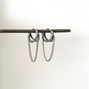 Double Hoop Earring with Chain - Statement Earrings - Bold Style Earrings - Silver Double Hoop Earrings