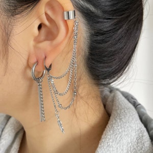 Trendy Mismatched Multi Chains Earrings with Ear Cuff Dangle - Stainless Steel Jewelry