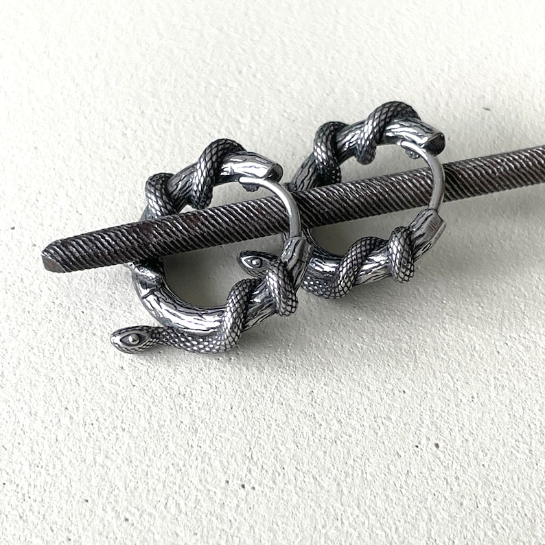 May include: Silver-toned hoop earrings featuring a snake design. Each earring has a detailed snake coiled around the hoop, with textured scales and small heads. The earrings are displayed on a textured metal file.