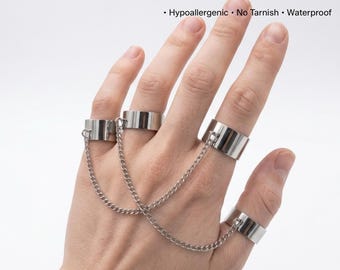 Punk Kettenringe Edelstahl | Unisex Doppelring mit Kette Goth Grunge Schmuck | Einstellbar Anlauffrei