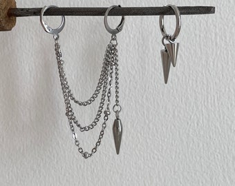 Stainless Steel Spike Chain Earrings: Gothic Punk Dangle Hoops