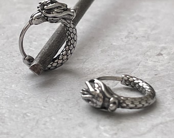 Titanium Dragon Hoop Earrings, Gothic Scales, Hypoallergenic Mythical Jewelry