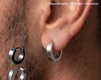 Hypoallergenic Huggie Hoop Earrings For Men • Unisex Stainless Steel Earrings • Small Hoop  • Black Hoops Mens Earrings
