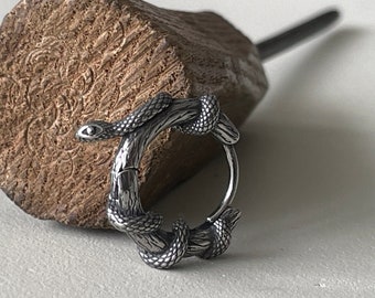 Silver Snake Hoop Earrings - Gothic Serpent Jewelry - Mens Statement Ouroboros Gift - Mens Earrings
