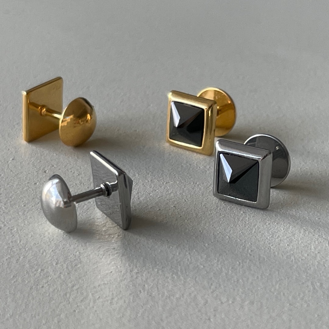 Men Black Square Stud Earrings Classic Everyday Studs Gold Pyramid
