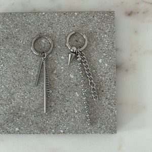 Kpop Stainless Steel Earrings - Trendy Mismatched Bar and Chain Dangle Earrings