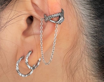 Edgy Titanium Snake Ear Cuff with Chain - Gothic Earrings (Pair)