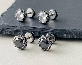 Vintage-inspired Mens Viking CZ Stud Earrings in Titanium for a Distinctive Style