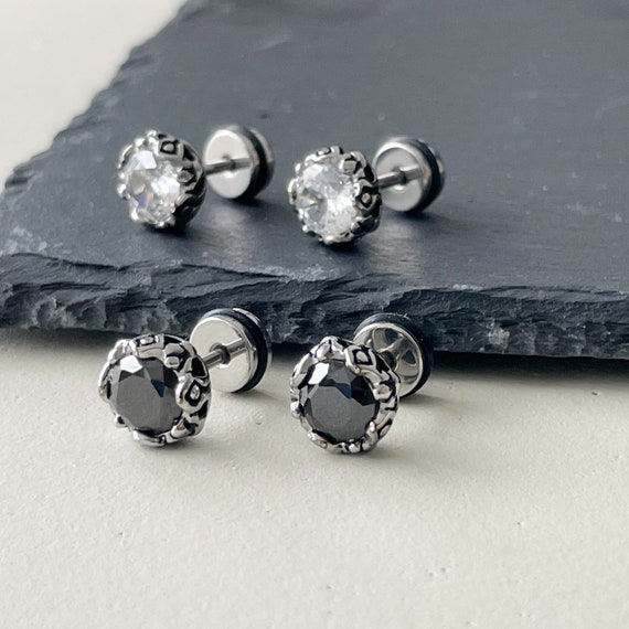 Mens Viking CZ Stud Earrings | Titanium Norse Mythology Jewelry | Edgy Round Crystal Studs