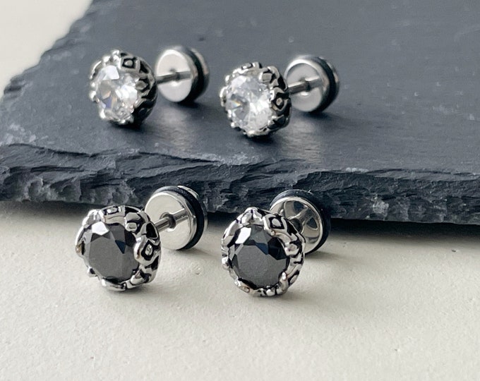 Mens Viking CZ Stud Earrings | Titanium Norse Mythology Jewelry | Edgy Round Crystal Studs