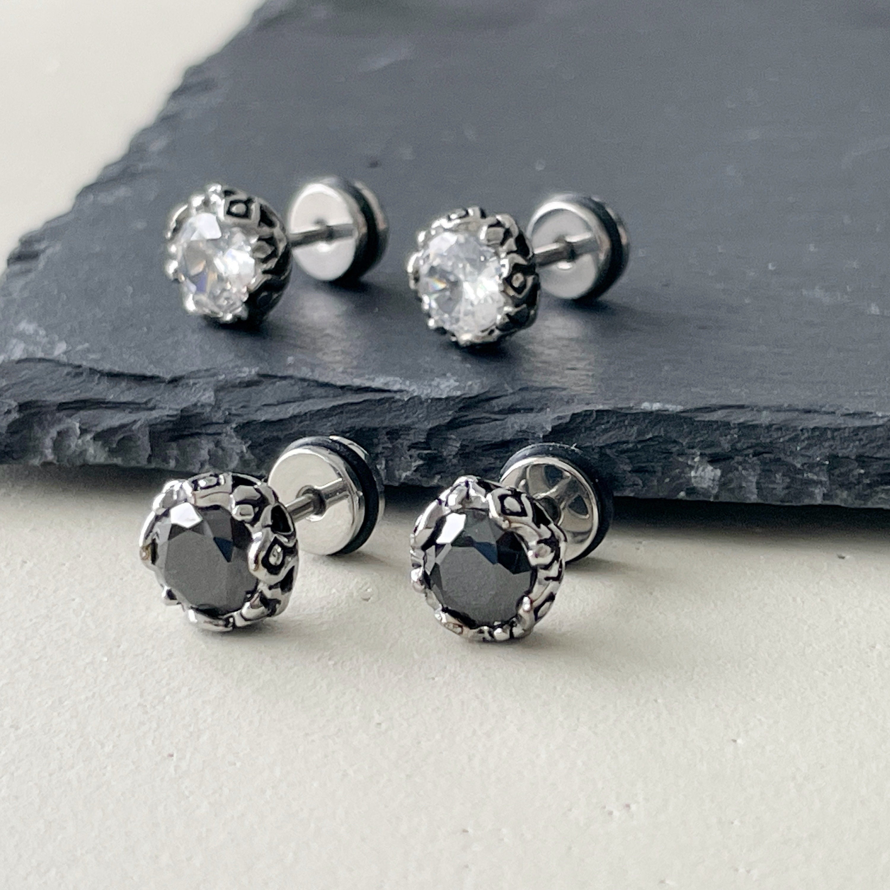 Viking Mens Stud Earrings - Vintage Inspired Titanium CZ Earrings - Flat Back Earrings - Gifts - Screw Back Earrings For Men