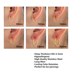Puede incluir: Pendientes de aro dorados en varios tama&ntilde;os, de 10 mm a 20 mm, mostrados en orejas. La imagen muestra la apariencia de los pendientes cuando se usan. El texto indica que el grosor del aro es de 2,5 mm, hipoalerg&eacute;nico y est&aacute; hecho de acero inoxidable de alta calidad.
