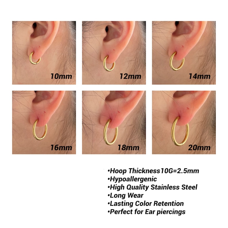 Puede incluir: Pendientes de aro dorados en varios tama&ntilde;os, de 10 mm a 20 mm, mostrados en orejas. La imagen muestra la apariencia de los pendientes cuando se usan. El texto indica que el grosor del aro es de 2,5 mm, hipoalerg&eacute;nico y est&aacute; hecho de acero inoxidable de alta calidad.
