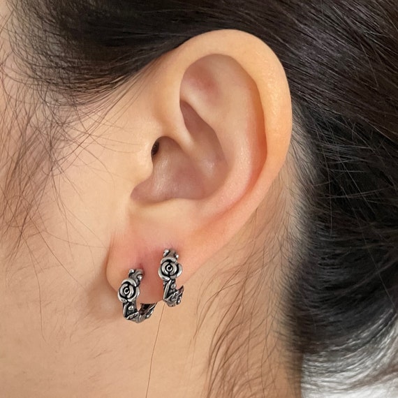 Vintage Tribal Daisy Flower Huggie Hoop Earrings - 316L Stainless Steel, Sold As Pair