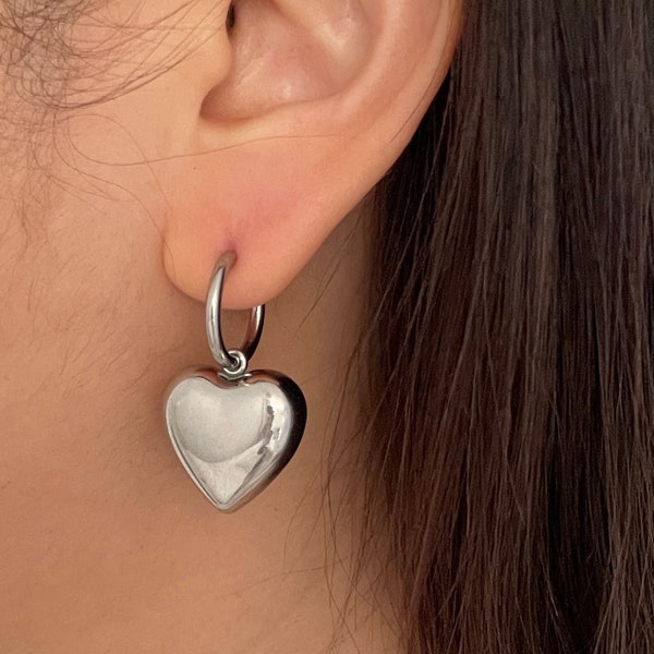Voguish Puffed Heart Charm Earrings in Stainless Steel - Gift for Her