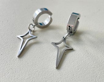 Star Dangle Clip On Earrings - Bold Stainless Steel Clip On Hoops - Unique Handmade Jewelry