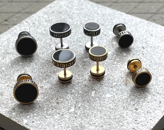 Black Enamel Stud Earrings | Titanium Screw Back Earrings | Men's Minimalist Flat Back Studs