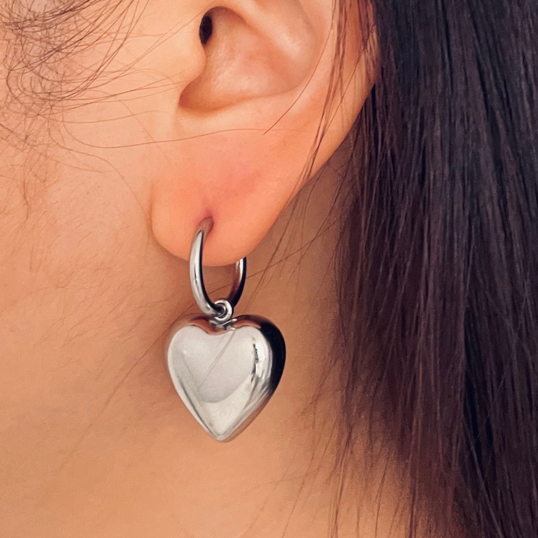 1 Paio Orecchini A Cuore In Acciaio Chirurgico 316L - Argento - Pendenti Con Catena - Regalo