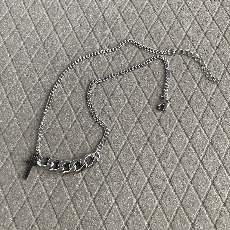 Punk Cross Chain Necklace-Cross Choker-Cross Necklace-Chain Link Necklace-Punk Cross Choker-Aesthetic Jewelry-BTS Necklace-Minimalist Chain