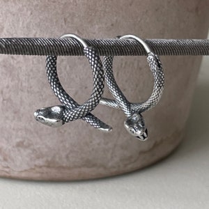 May include: A pair of silver snake hoop earrings. The earrings are in the shape of a snake with a detailed, textured body. The snake's head is facing forward with an open mouth.