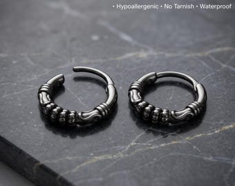 Men's Tribal Hoop Earrings, Titanium Balinese Style Huggies, Engraved Patterned Small Hoops for Men, Gothic Jewelry Gift for Him